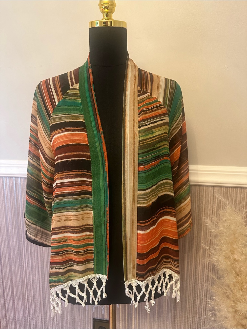 Wrangler Serape Stripe Tassel Fringe Kimono Cardigan Duster Medium Boho Western